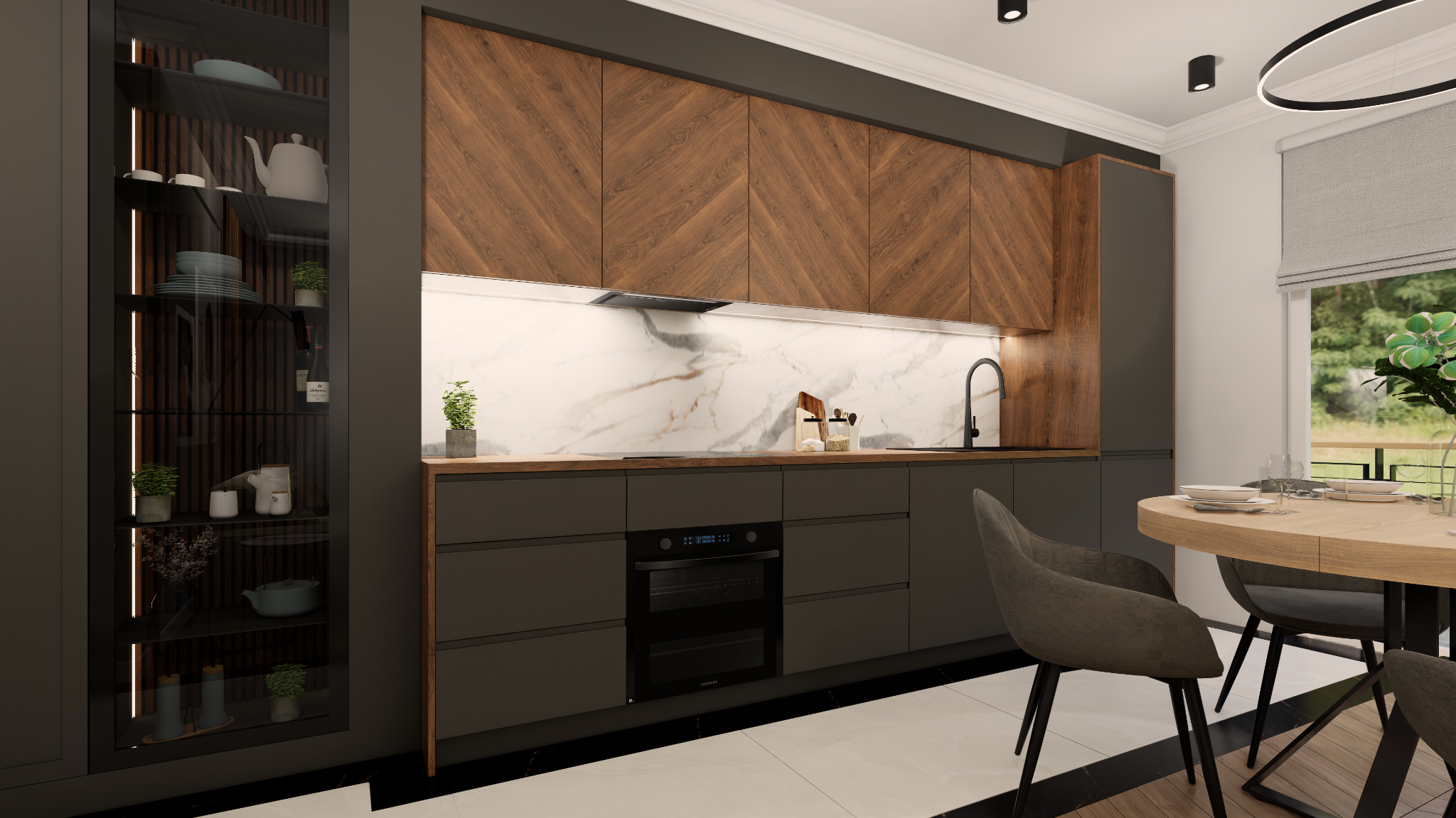 Wizualizacja nowoczesnej kuchni z drewnianymi szafkami górnymi ułożonymi w jodełkę, ciemnoszarymi szafkami dolnymi, marmurowym blatem i szklaną witryną z oświetleniem LED, uzupełniona okrągłym...