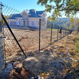 ErBud: Ogrodzenia Panelowe, Siatki, Murowane - Siatka ogrodzeniowa z czarnymi słupkami na tle domu i drzew. Widoczny fragment murowanego słupka. Jesienne liście na ziemi wzdłuż ogrodzenia.