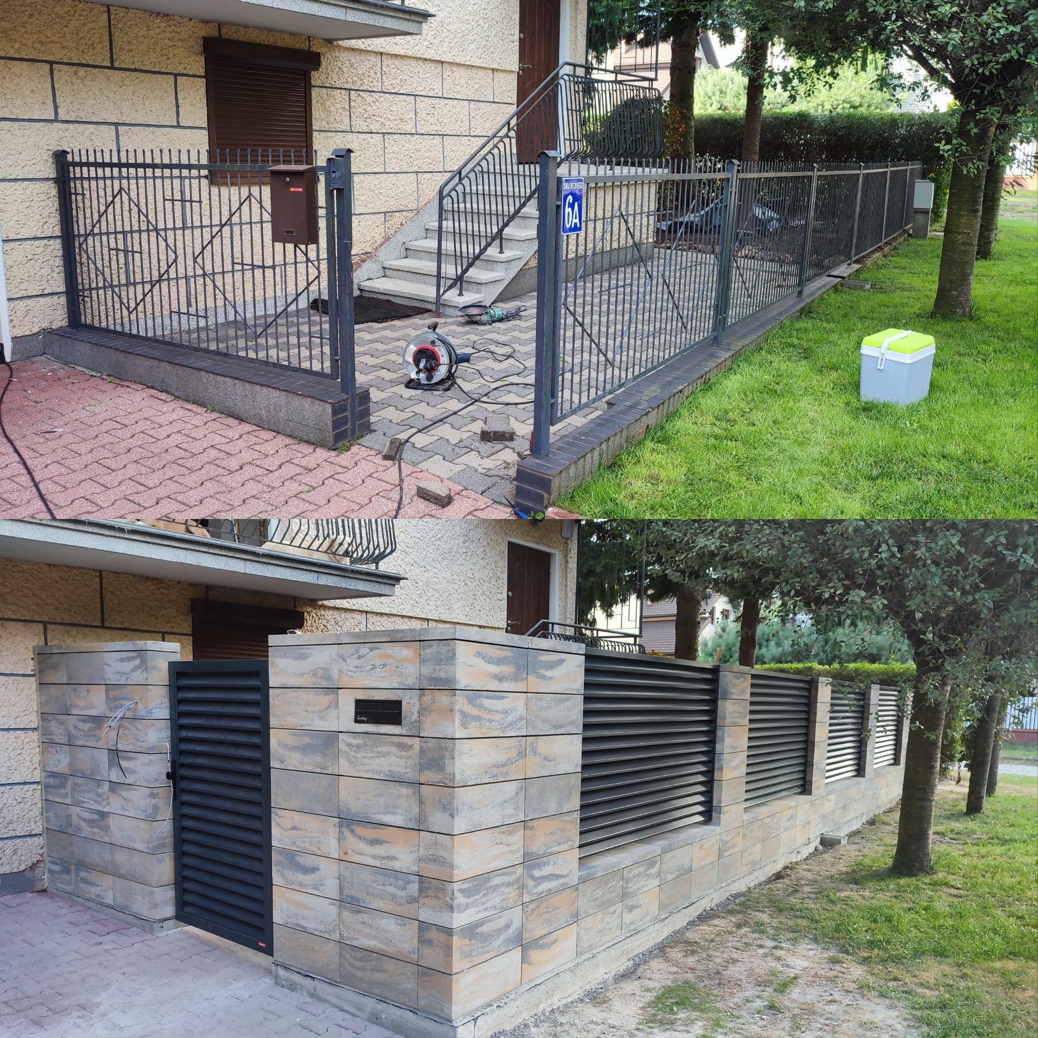 Porównanie: metalowe ogrodzenie z bramką przed domem (góra) vs. nowoczesne ogrodzenie z bloczków betonowych i poziomych paneli (dół).