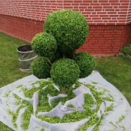 Krzew bukszpanu formowany w kule, po przycięciu, rozłożona folia ochronna pokryta obciętymi liśćmi, na trawniku przy ceglanym budynku.