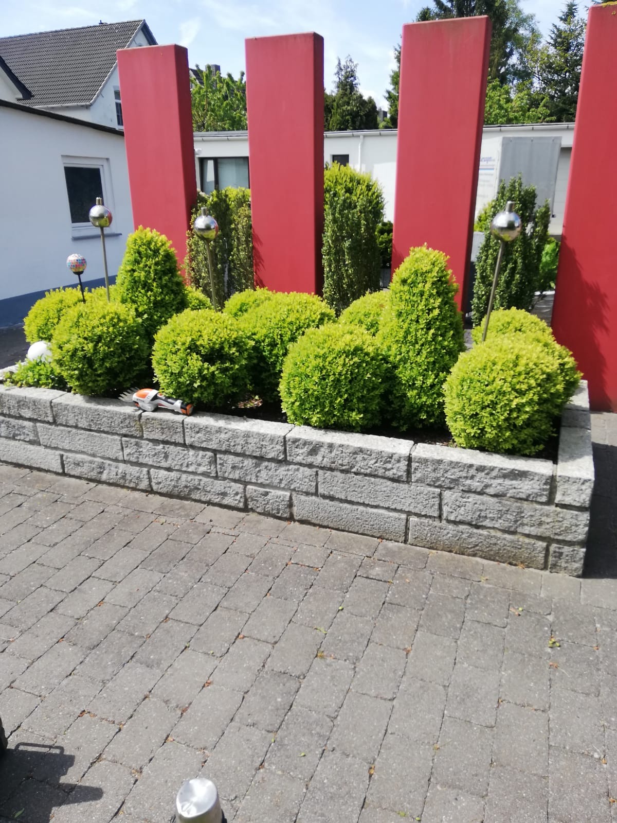 Ogród z geometrycznie przyciętymi krzewami w kamiennej rabacie, dekorowany srebrnymi kulami, z czerwonymi pionowymi elementami w tle i nożycami do żywopłotu na murku.