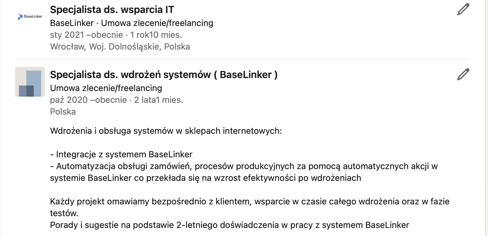 Specjalizuję się we wdrażaniu systemu BaseLinker, którego aktualniej jestem pracownikiem