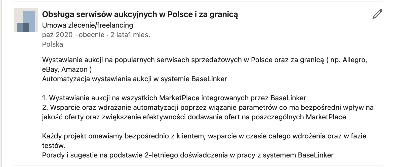 Tekst ogłoszenia o obsłudze serwisów aukcyjnych w Polsce i za granicą, obejmującej wystawianie aukcji na platformach Allegro, eBay i Amazon, automatyzację w systemie BaseLinker, wsparcie we...