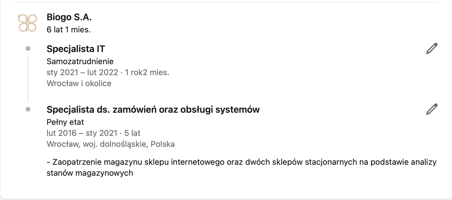 Profil firmy Biogo S.A. z informacjami o doświadczeniu specjalisty IT i specjalisty ds. zamówień oraz obsługi systemów, w tym o zaopatrzeniu magazynu sklepu internetowego i sklepów stacjonarnych.