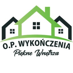 Patryk Orych O.P WYKOŃCZENIA - Logo firmy O.P. WYKOŃCZENIA Piękne Wnętrza, przedstawiające trzy stylizowane domy: centralny zielony z kominem i dwa mniejsze, ciemnoszare po bokach.