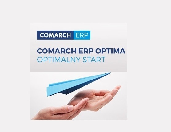 Reklama Comarch ERP Optima: Dłoń podtrzymuje papierowy samolot, symbolizujący optymalny start, na tle logo firmy i nazwy produktu.