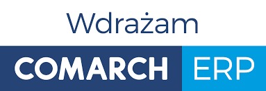 Logo firmy Comarch ERP z hasłem 'Wdrażam', na białym, granatowym i błękitnym tle.