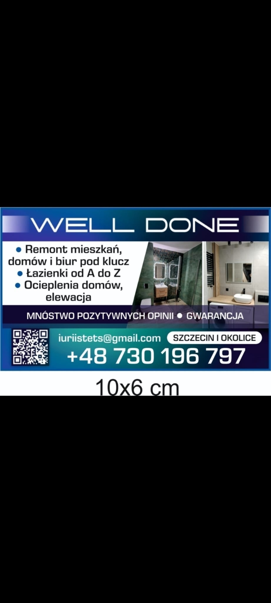 Reklama firmy remontowej 'Well Done' ze Szczecina, oferującej remonty mieszkań, domów, biur i łazienek. W tle wizualizacje wykończonych łazienek.