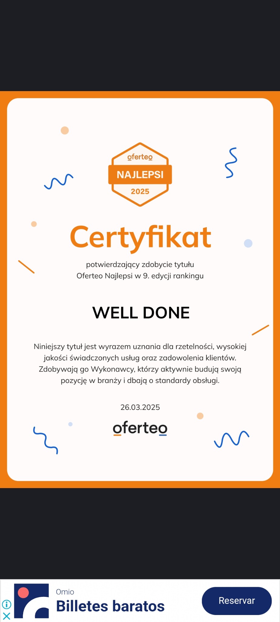 Certyfikat Oferteo Najlepsi 2025, potwierdzający wysoką jakość usług i zadowolenie klientów. Dokument w ramce z datą 26.03.2025 i logo Oferteo.