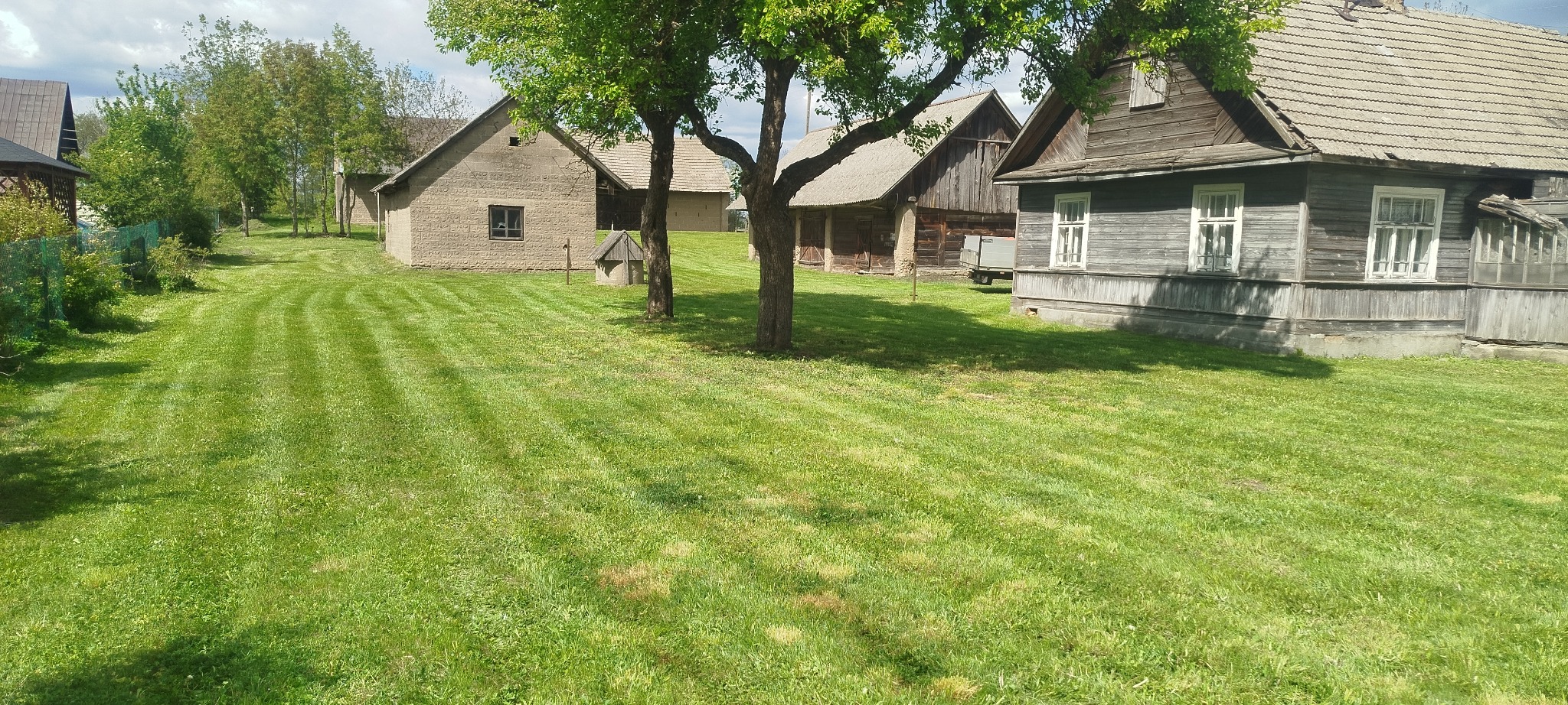 Świeżo skoszona trawa przed wiejskimi domami z drewna i kamienia, widoczne równe pasy po kosiarce, drzewa owocowe w tle, słoneczny dzień.