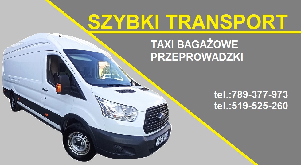 Biały samochód dostawczy Ford Transit na tle szarego baneru reklamowego z żółtymi akcentami, informującego o szybkim transporcie, taxi bagażowym i przeprowadzkach oraz numerach telefonów.