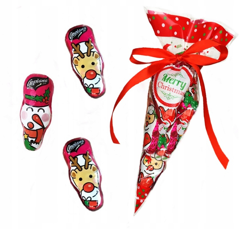 Świąteczny upominek: Czerwony woreczek z kokardą, wypełniony czekoladkami w foliach z motywami renifera i bałwana, obok trzy pojedyncze czekoladki Goplana z tymi samymi wzorami.