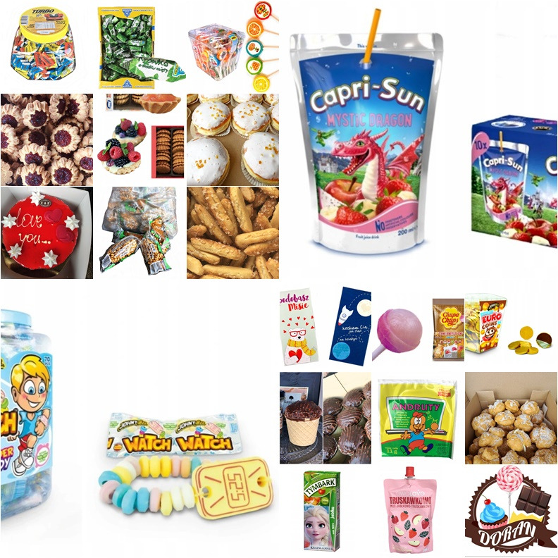 Kompozycja słodyczy i przekąsek: ciastka z dżemem, lizaki, żelki, cukierki w opakowaniach, napoje owocowe, precelki i ciasto w kształcie rożka.