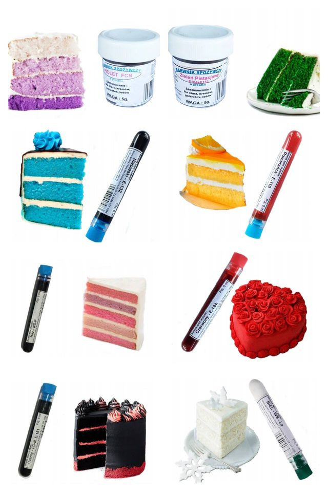 Zestaw barwników spożywczych w tubkach i słoiczkach obok kolorowych przekrojów tortów: fioletowy, zielony, niebieski, pomarańczowy, różowy, czerwony, czarny i biały.