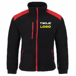 Czarny polar z czerwonymi akcentami na ramionach i zamkach, z miejscem na logo firmy na piersi.