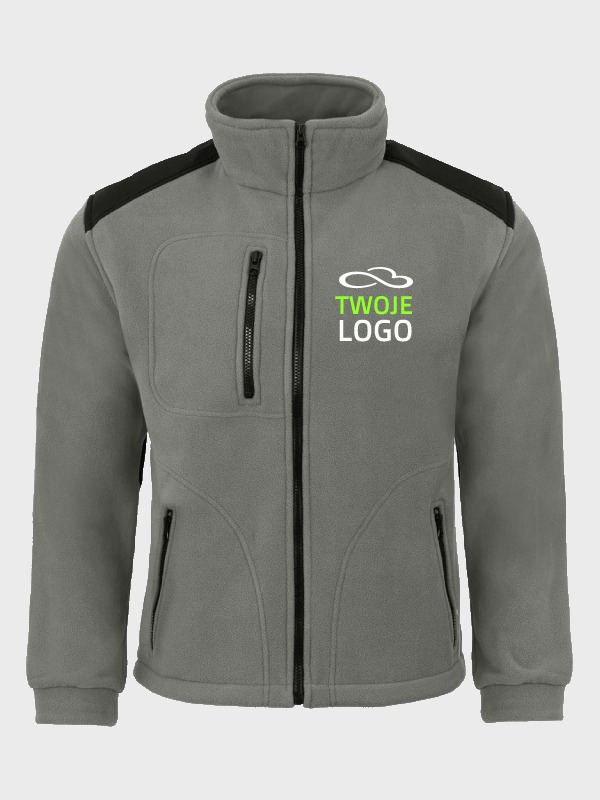 Szara polarowa bluza z czarnymi wstawkami na ramionach i zielonym logo firmy na piersi, zapinana na zamek błyskawiczny.