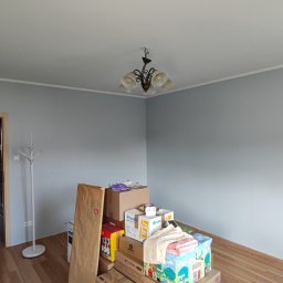 Paul & Zbig Usługi Remontowo - Budowlane Paweł Fijałkowski & Zbigniew Zalewski S.C. - Pomalowane na szaro wnętrze pokoju z podłogą z paneli, z otwartymi drzwiami i stertą kartonów po przeprowadzce, widoczny wieszak na ubrania.