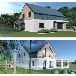 Wizualizacja dwukondygnacyjnego domu jednorodzinnego z garażem, z elementami drewna na elewacji i szarą blachą na dachu, prezentowana z dwóch różnych perspektyw.