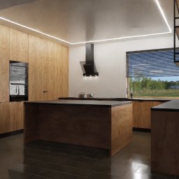 Natalie Architect - Nowoczesna kuchnia z drewnianymi frontami, wyspą kuchenną z czarnym blatem i oknem z widokiem na zieleń, oświetlona listwami LED.