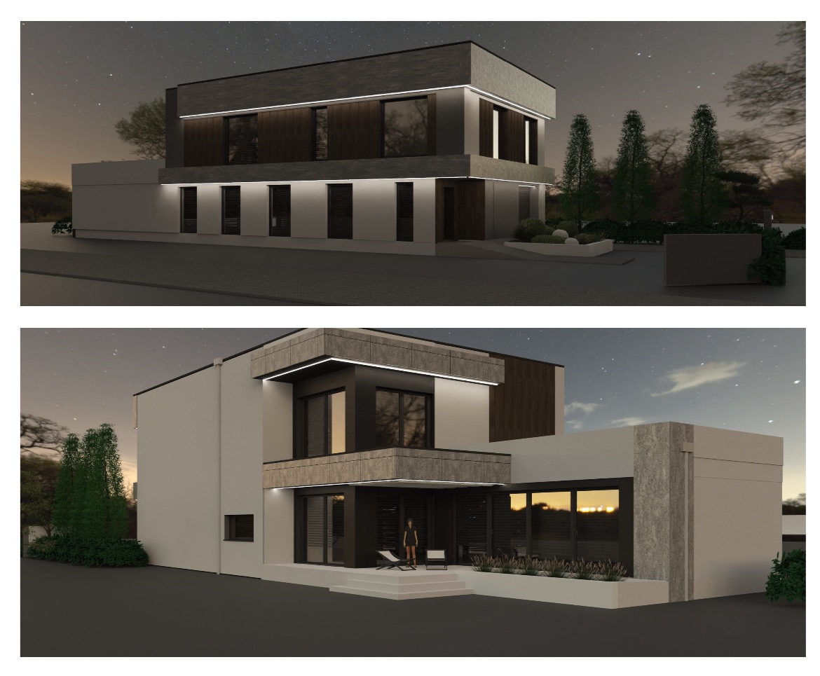 Wizualizacja dwukondygnacyjnego, nowoczesnego domu z płaskim dachem, oświetlonego zewnętrznymi lampami, prezentowana w dwóch ujęciach nocnych z widocznymi gwiazdami na niebie.