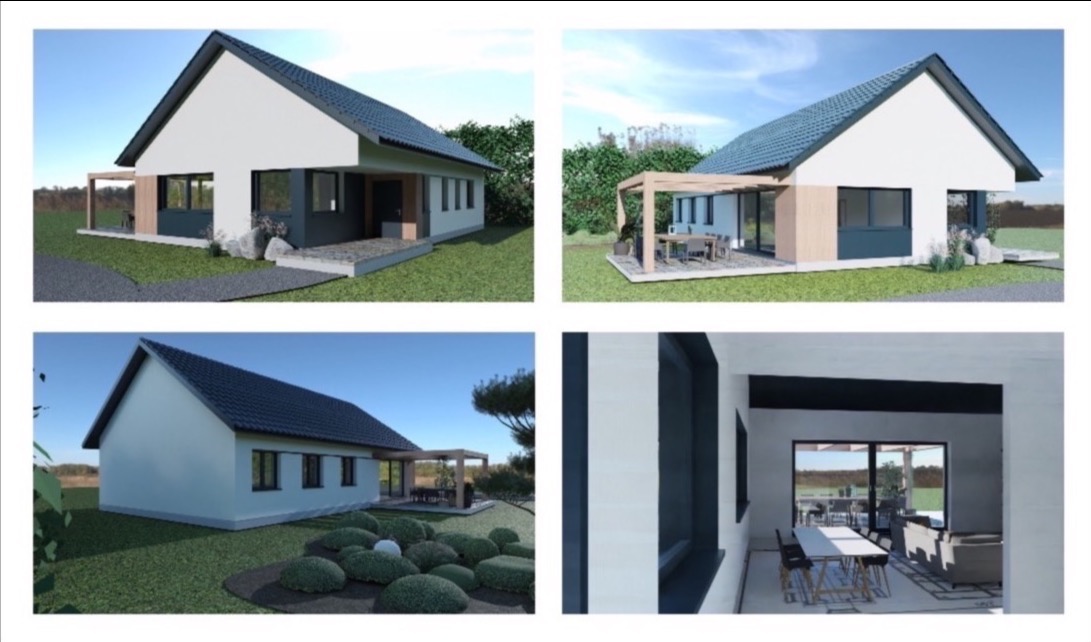 Wizualizacja projektu domu jednorodzinnego z pergolą na tarasie, prezentująca różne ujęcia elewacji zewnętrznej i wnętrza z jadalnią.