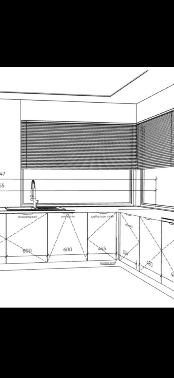 Szkic techniczny kuchni z oknem, widoczne wymiary szafek i umiejscowienie zlewu.