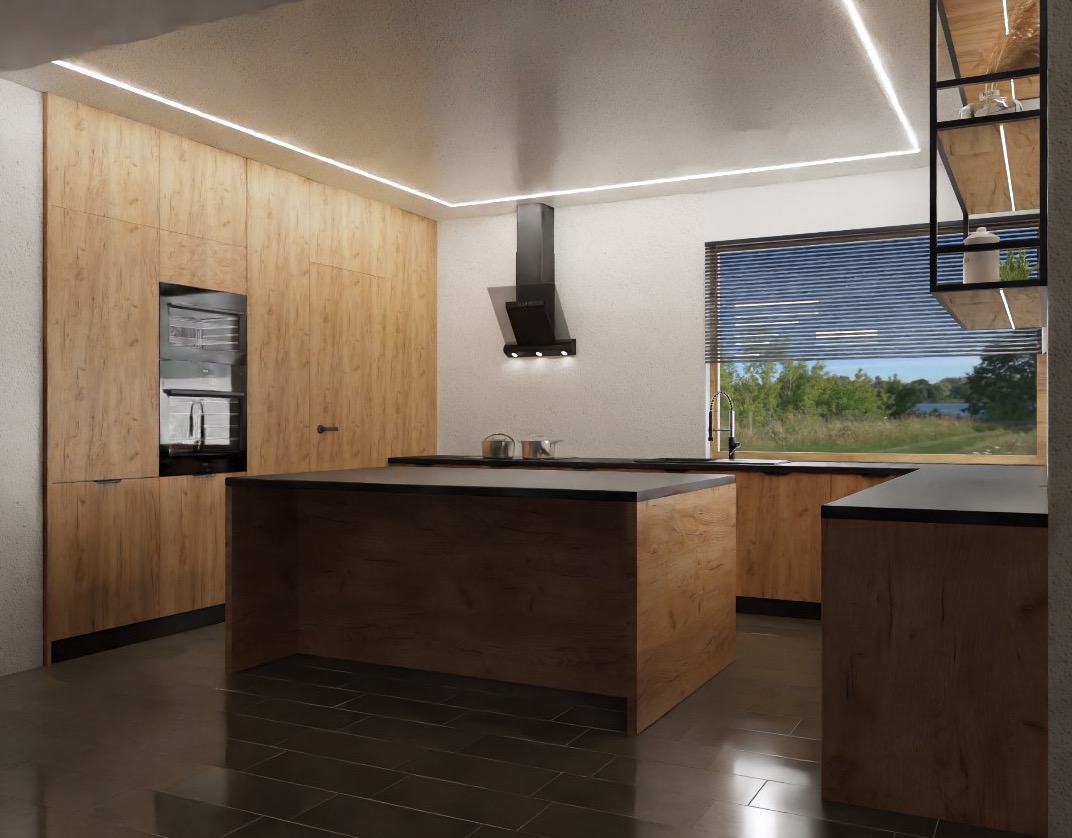 Nowoczesna kuchnia z drewnianymi frontami, wyspą kuchenną z czarnym blatem i oknem z widokiem na zieleń, oświetlona listwami LED.