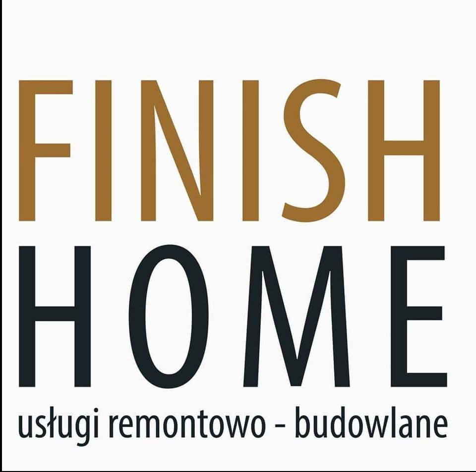 Logo firmy 'Finish Home' oferującej usługi remontowo-budowlane, z napisem w kolorach złotym i czarnym na białym tle.