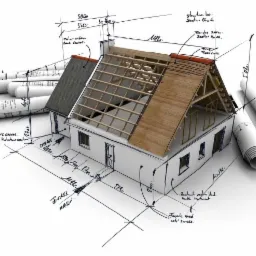 Model domu w trakcie budowy z widoczną konstrukcją dachu, otoczony planami architektonicznymi i odręcznymi szkicami z wymiarami.