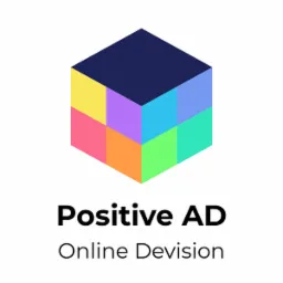 Graficzne logo firmy Positive AD Online Devision, przedstawiające sześcian zbudowany z kolorowych kwadratów w odcieniach żółci, różu, pomarańczy, zieleni, fioletu i błękitu na białym tle.