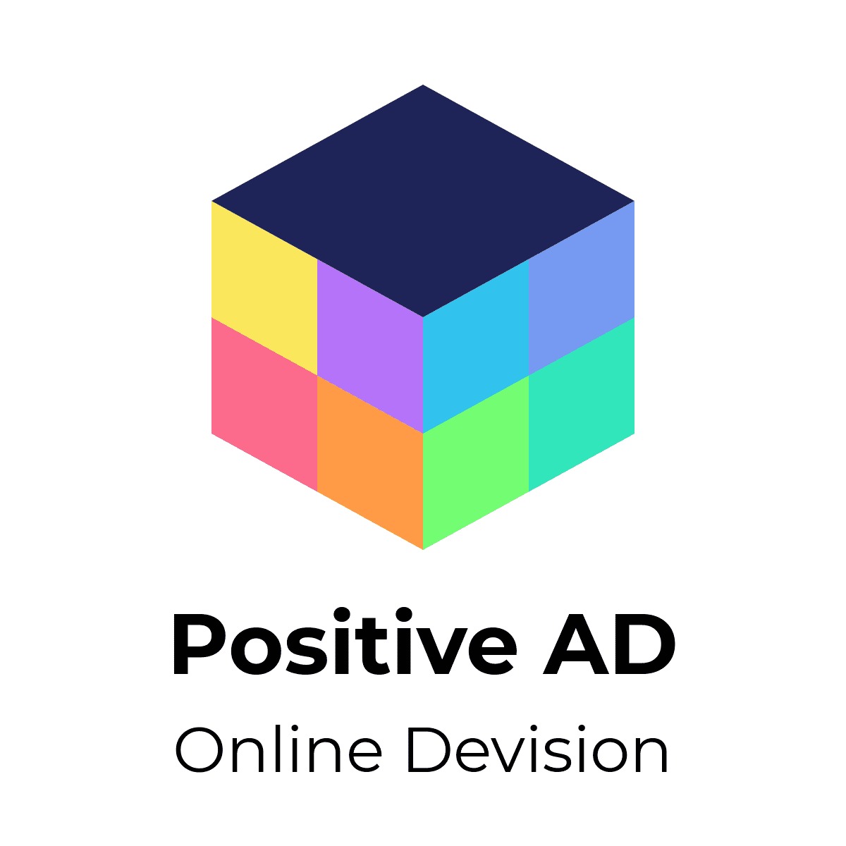 Graficzne logo firmy Positive AD Online Devision, przedstawiające sześcian zbudowany z kolorowych kwadratów w odcieniach żółci, różu, pomarańczy, zieleni, fioletu i błękitu na białym tle.