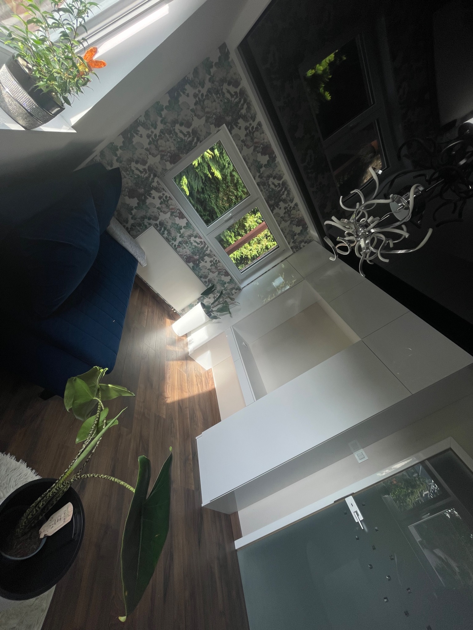 Nowoczesne wnętrze salonu z białą zabudową meblową pod oknem, wzorzystą tapetą w kwiaty oraz ciemnoniebieską sofą, oświetlone naturalnym światłem wpadającym przez okna z widokiem na zieleń.