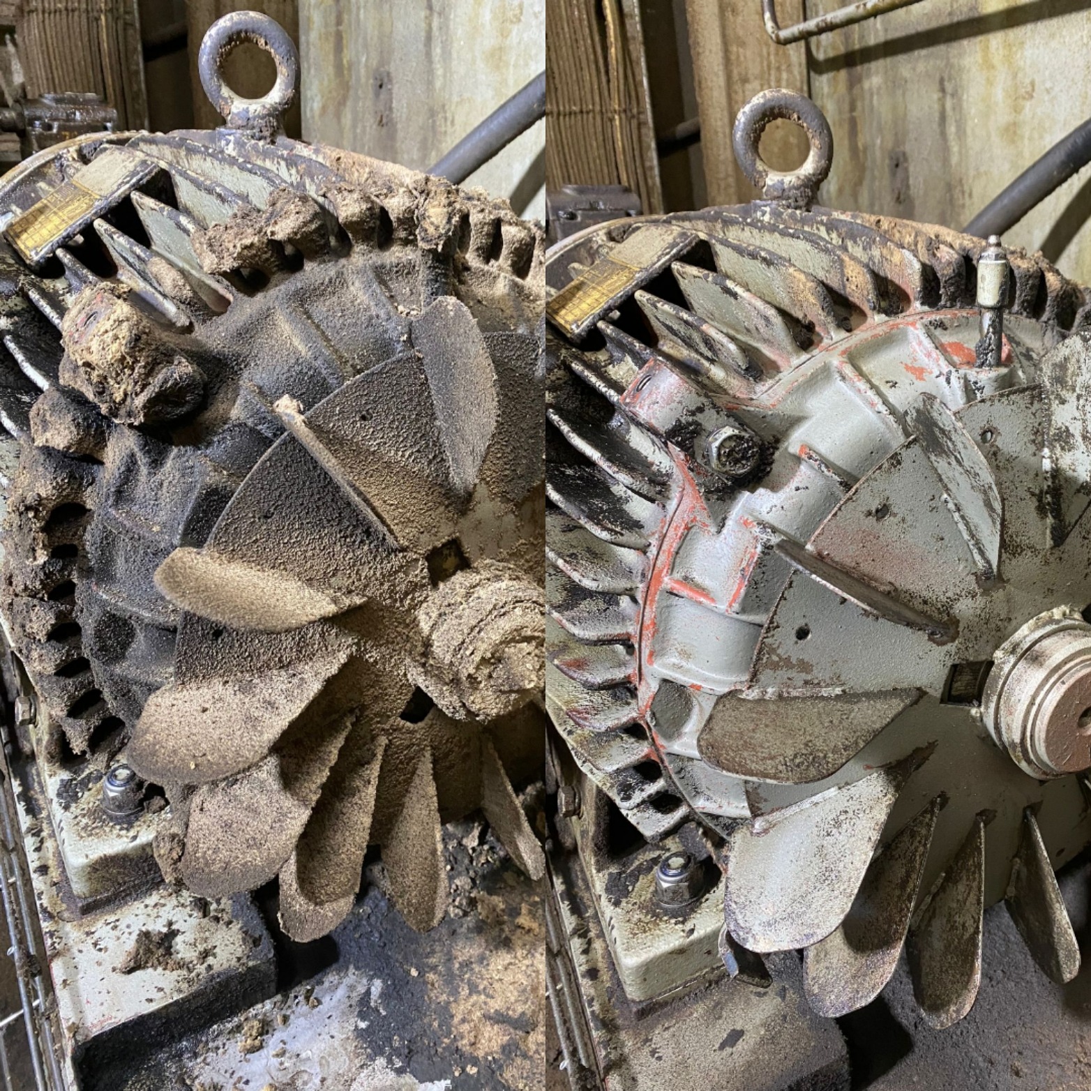 Dwa silniki elektryczne z wentylatorami, jeden pokryty grubą warstwą pyłu i brudu, drugi częściowo oczyszczony, z widocznymi śladami farby i rdzy.