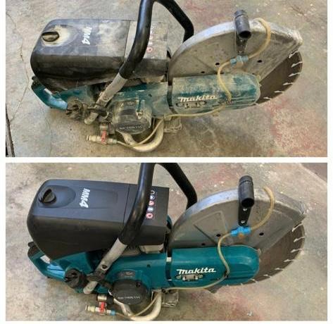 Dwa ujęcia tej samej przecinarki spalinowej Makita MM4: górne - brudna, po użyciu, dolne - wyczyszczona, gotowa do pracy. Widoczna tarcza tnąca. Porównanie stanu przed i po czyszczeniu.