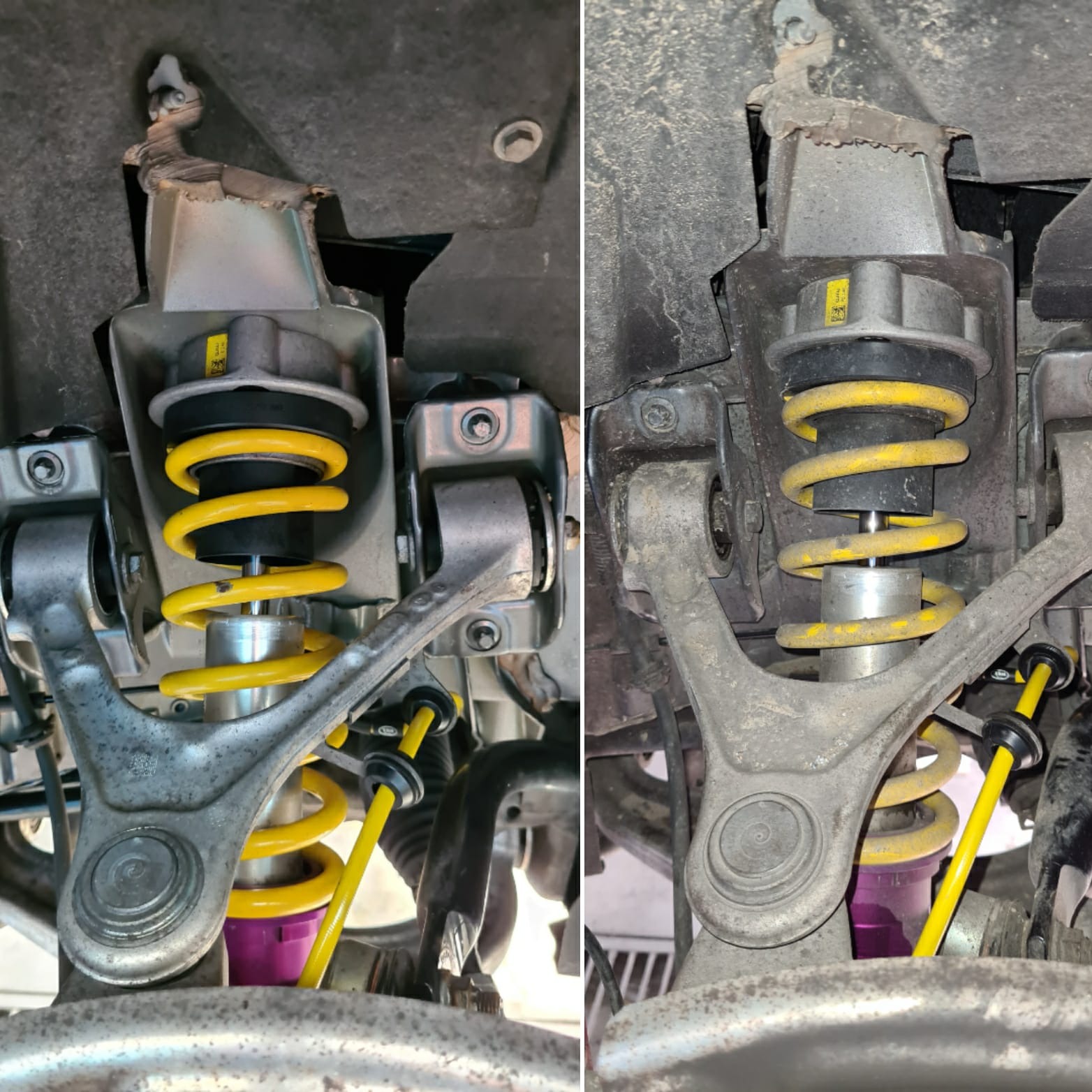 Porównanie stanu amortyzatora samochodowego: nowy, z żółtą sprężyną, po lewej, i stary, zabrudzony, po prawej stronie; widoczne elementy zawieszenia.
