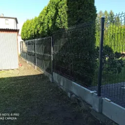 Nowoczesne, czarne ogrodzenie panelowe na betonowej podmurówce, oddzielające posesję od gęstych, zielonych tuj; świeżo skoszona trawa, widoczny budynek gospodarczy w tle.