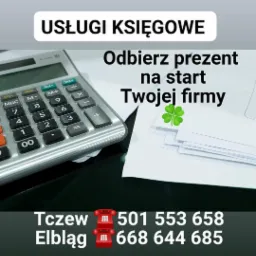 Kalkulator biurowy, stos białych dokumentów z zieloną koniczynką, tekst 'Odbierz prezent na start Twojej firmy' oraz numery telefonów do biura w Tczewie i Elblągu na ciemnym tle.