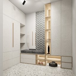 PoKa Design - Nowoczesna zabudowa przedpokoju z szafami, siedziskiem i dekoracyjnym panelem ściennym w odcieniach bieli i szarości, uzupełniona o robota sprzątającego.