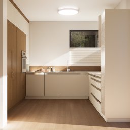 PoKa Design - Jasna kuchnia z drewnianymi akcentami, minimalistyczny design, widok na zieleń przez okno. Nowoczesne szafki i sprzęty tworzą spójną całość.