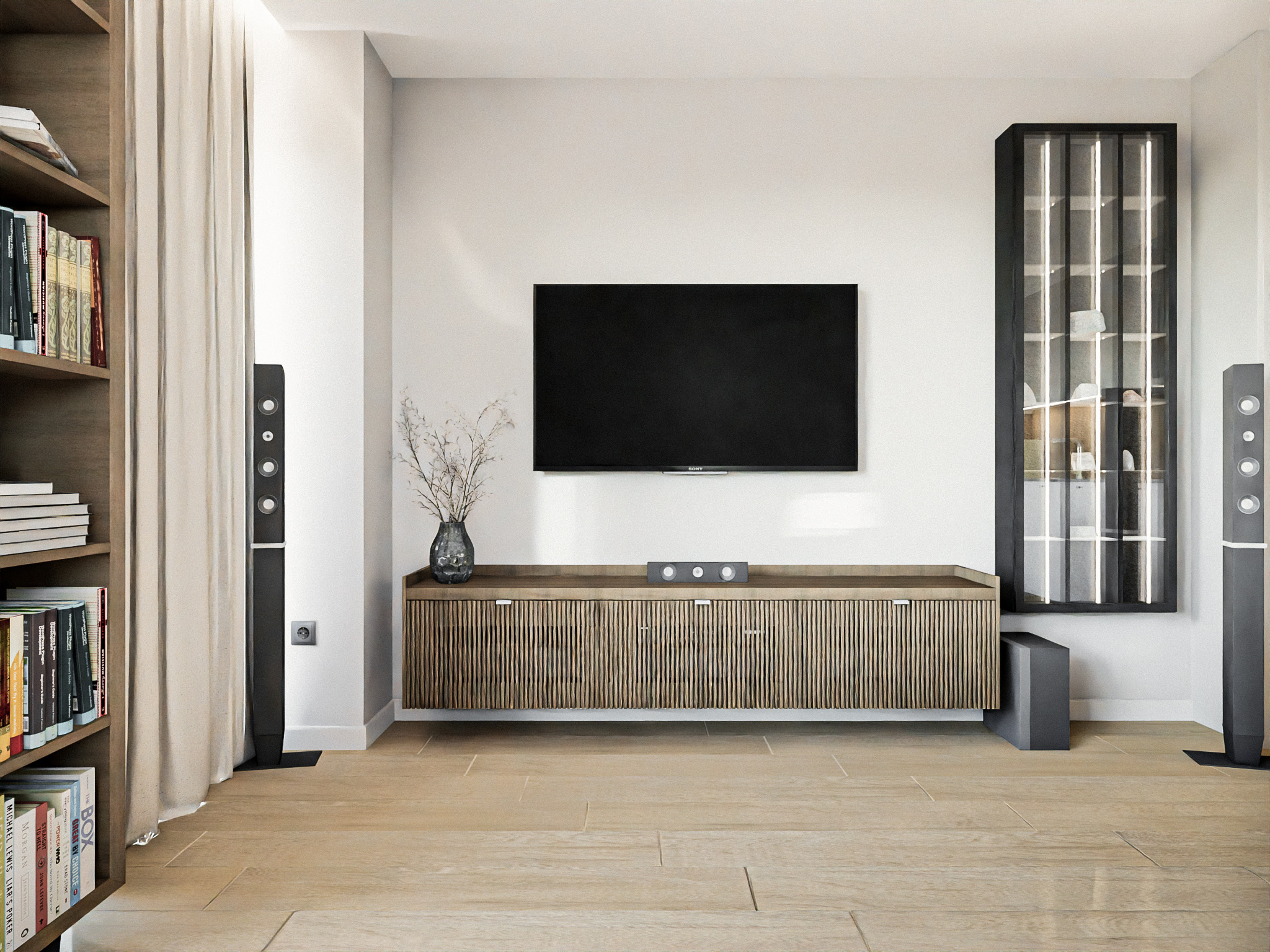 Salon z drewnianą szafką RTV z lamelami pod telewizorem, głośnikami po bokach i regałem z książkami. Minimalistyczny design, jasne wnętrze.