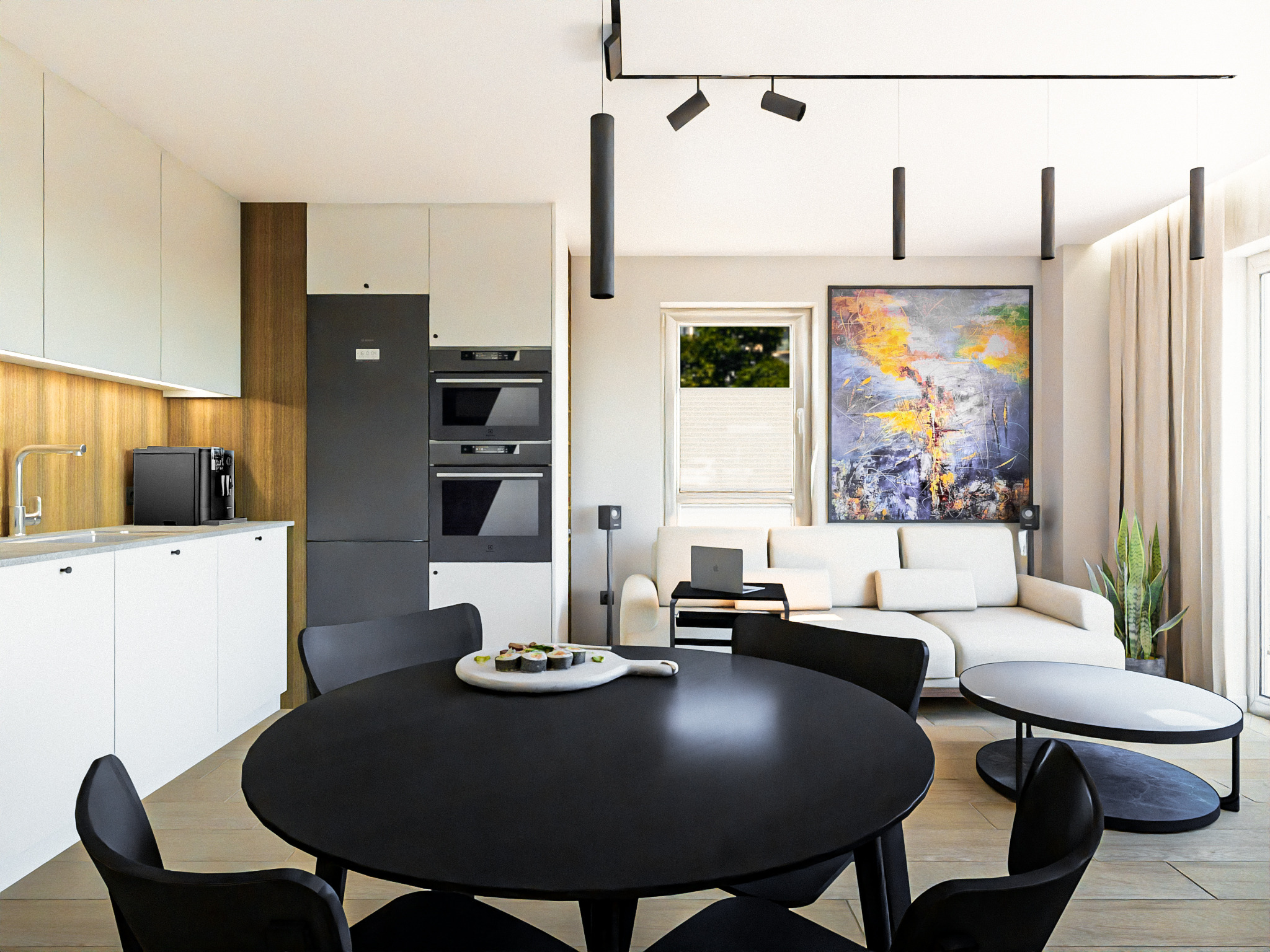 Nowoczesne wnętrze mieszkania z kuchnią w bieli i drewnie, czarnym okrągłym stołem z sushi i abstrakcyjnym obrazem. Minimalistyczny design z lampami tubami.
