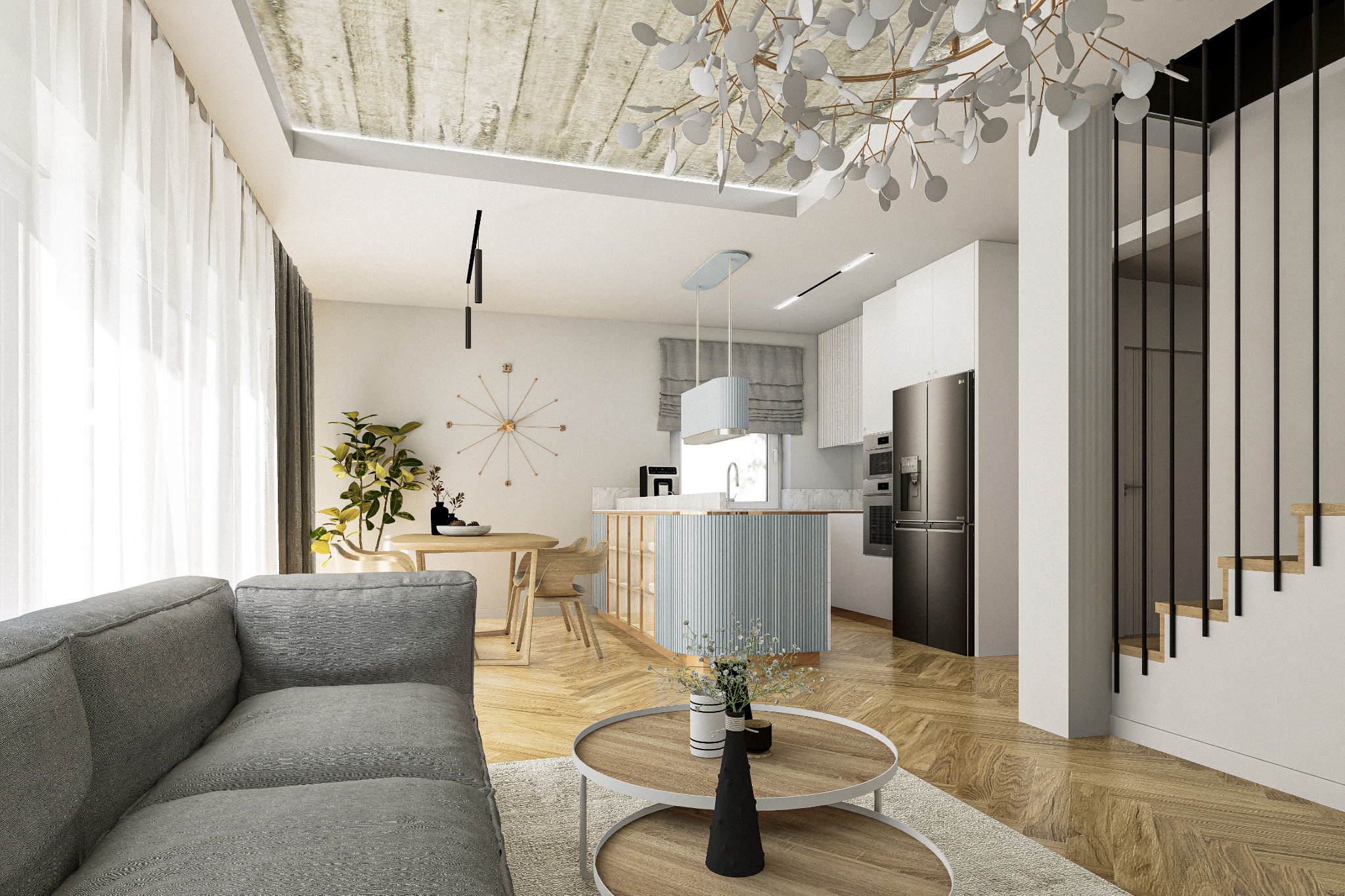 Nowoczesne wnętrze z szarą sofą, okrągłym stolikiem kawowym, wyspą kuchenną z niebieskimi lamelami, drewnianym parkietem i designerską lampą sufitową.