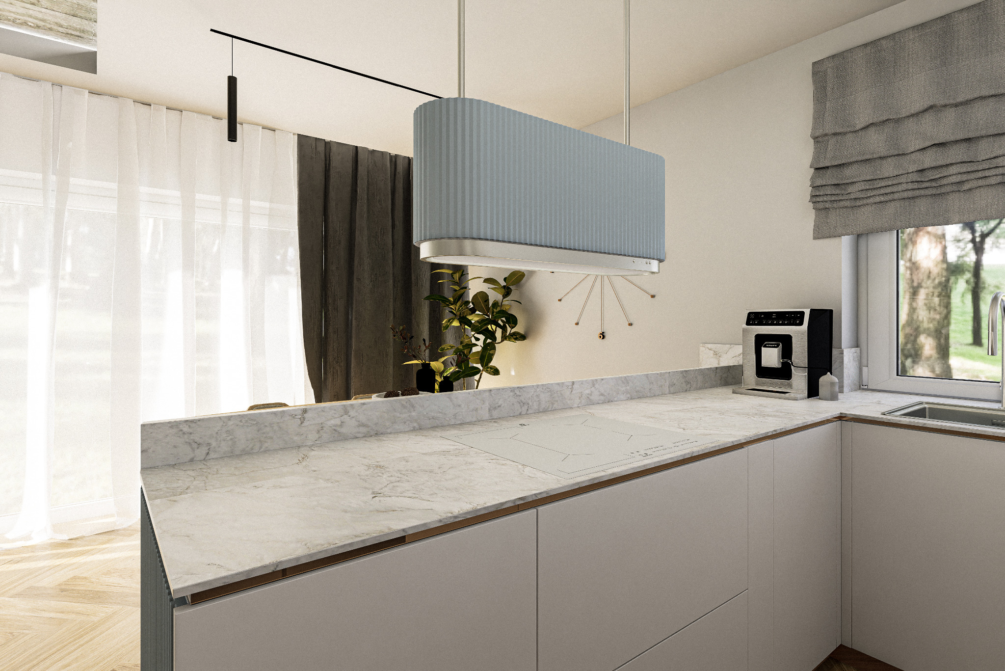 Elegancka, minimalistyczna kuchnia z marmurowym blatem, ukrytą płytą indukcyjną i niebieskim okapem. Nowoczesny design z ekspres do kawy i subtelną dekoracją.