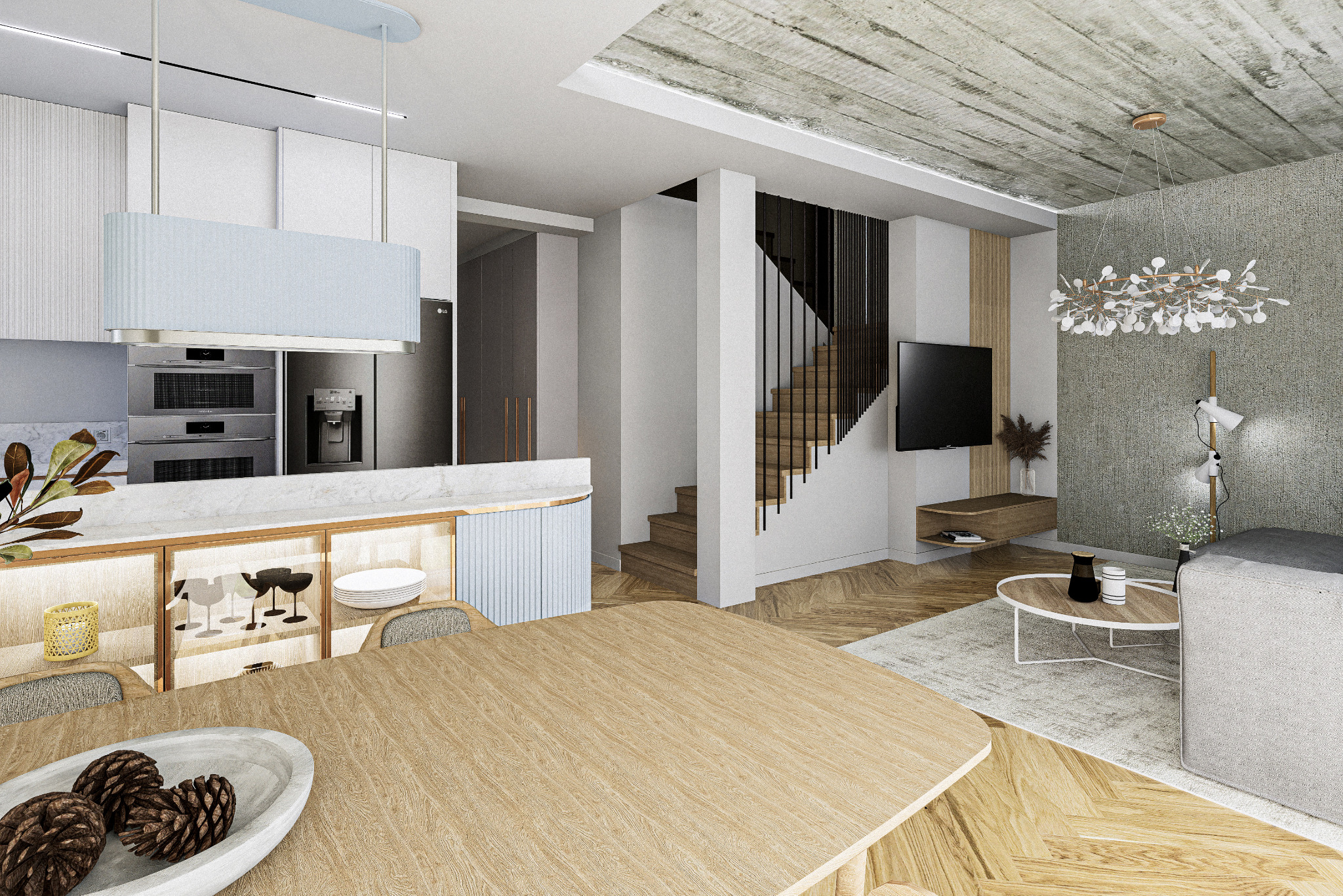 Wnętrze domu: kuchnia z jadalnią i salonem w jasnych barwach. Widoczne schody, nowoczesne oświetlenie i drewniany stół z dekoracjami. Realistyczna wizualizacja.