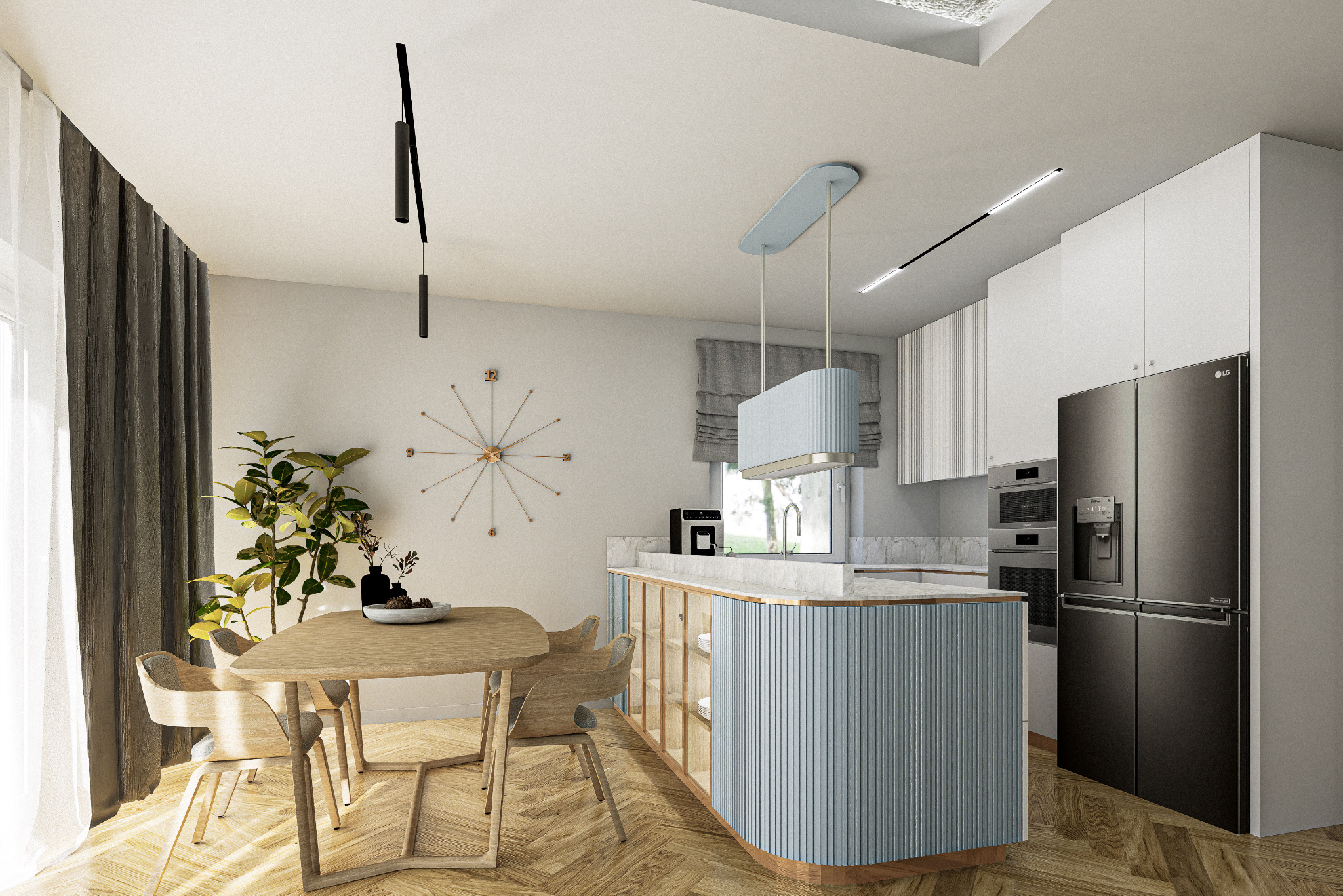 Nowoczesna kuchnia z wyspą o falistej fakturze, drewnianym stołem i dekoracyjnym zegarem. Minimalistyczne oświetlenie i duża lodówka tworzą spójną całość.