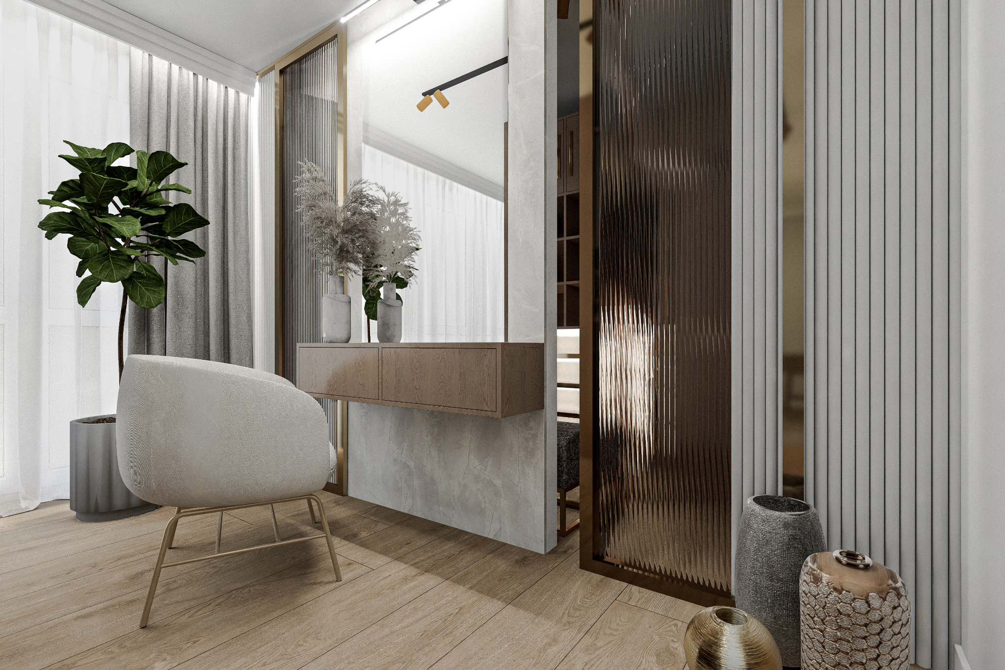 Nowoczesna toaletka z lustrem i krzesłem w jasnym wnętrzu. Uwagę przyciąga dekoracyjna ściana z ryflowanego szkła i drewniana podłoga.