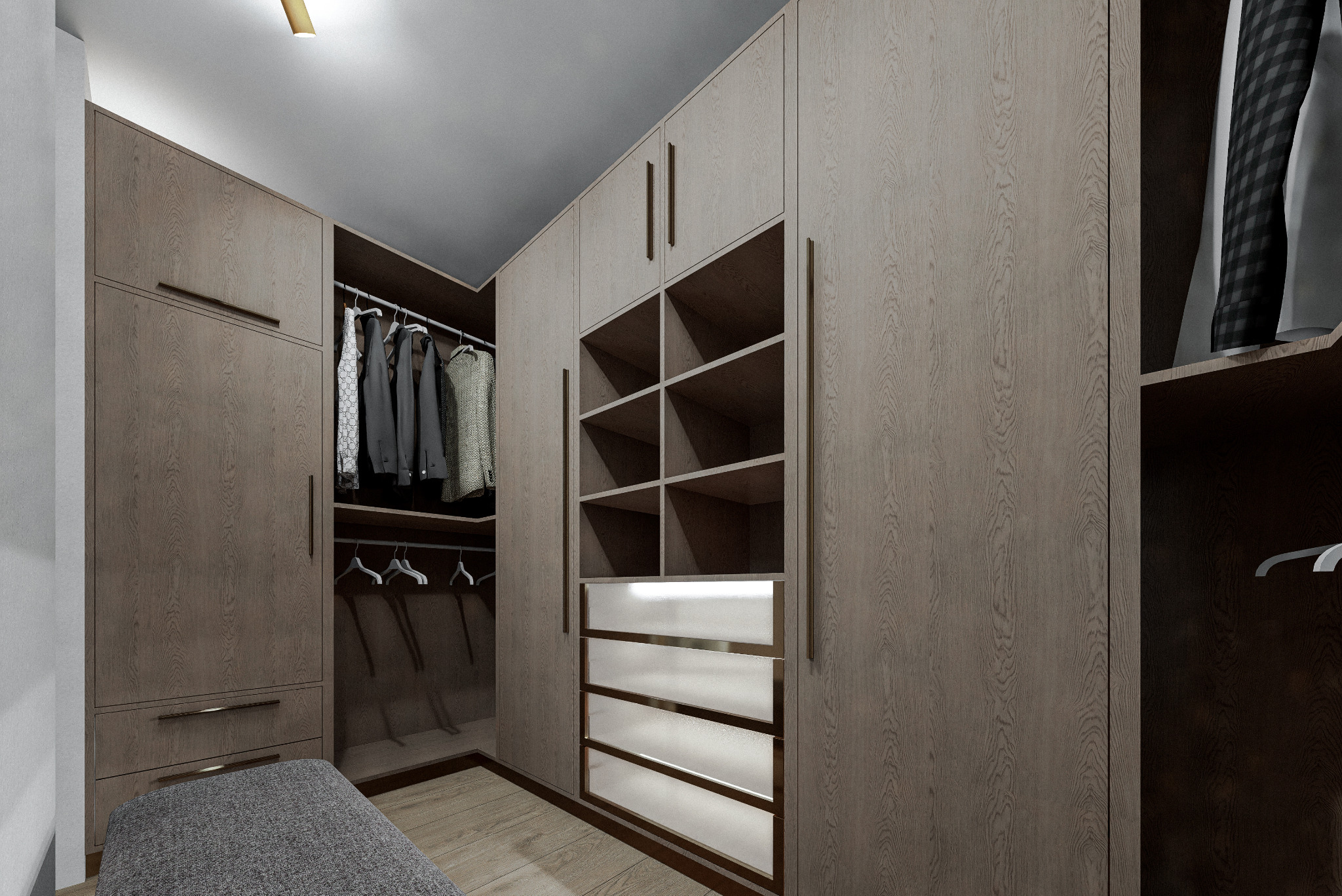 Nowoczesna garderoba z szarymi, drewnopodobnymi frontami. Otwarta przestrzeń z wieszakami i półkami, uzupełniona o szuflady z podświetleniem. Wnętrze do przechowywania.
