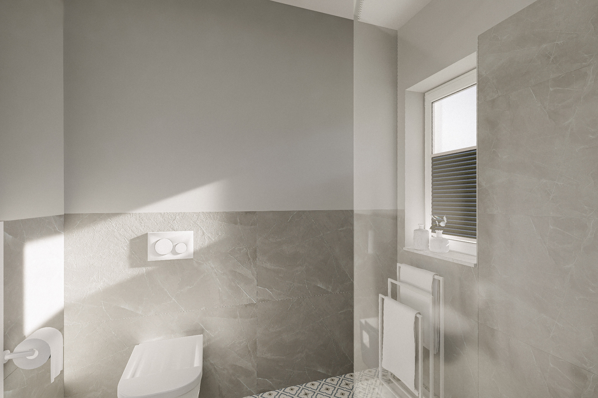 Minimalistyczna łazienka w szarościach z marmurowymi płytkami, wiszącą toaletą i grzejnikiem drabinkowym obok okna z żaluzjami. Nowoczesny projekt wnętrza.