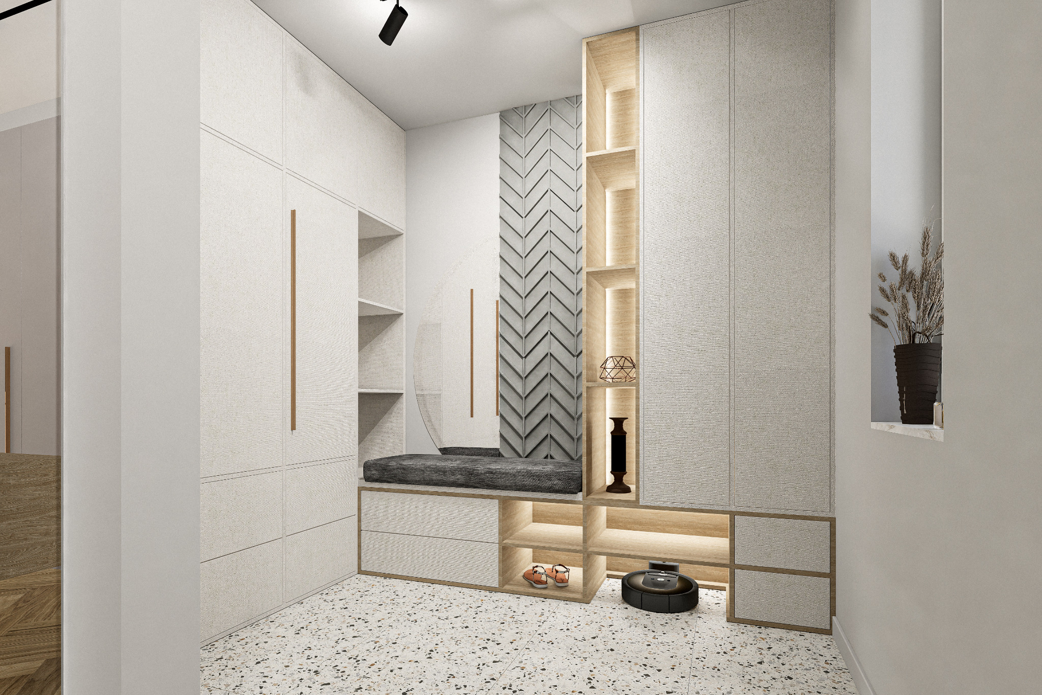 Nowoczesna zabudowa przedpokoju z szafami, siedziskiem i dekoracyjnym panelem ściennym w odcieniach bieli i szarości, uzupełniona o robota sprzątającego.