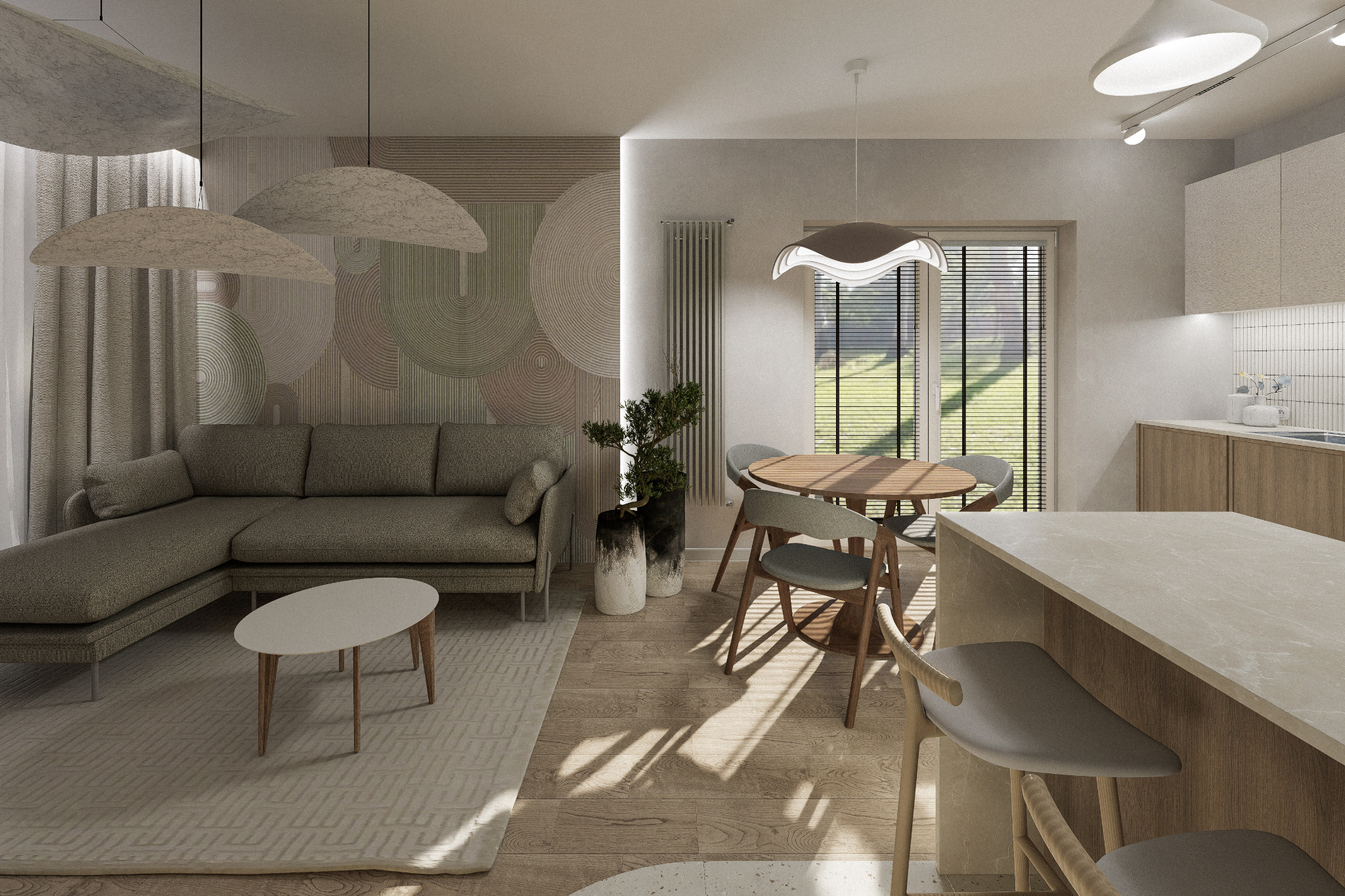 Jasne, przestronne wnętrze z sofą narożną, okrągłym stołem jadalnym i wyspą kuchenną. Minimalistyczny design, wzorzysta tapeta i drewniane podłogi tworzą przytulną atmosferę.